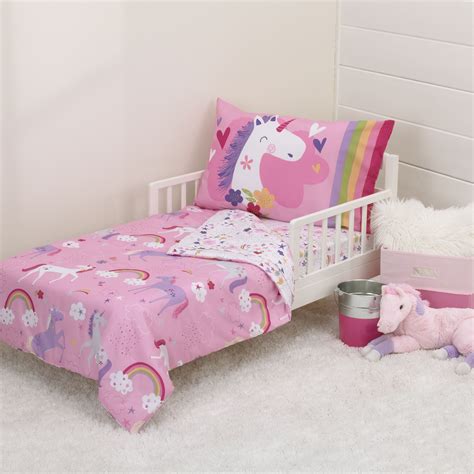 1 pillowcase, 1 duvet cover, 1 crib sheet and 1 comforter and pillow insert. Parent's Choice 4-Piece Unicorn Toddler Bedding Set ...