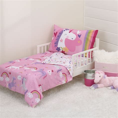 Consider the options available in girls bedding. Parent's Choice 4-Piece Unicorn Toddler Bedding Set ...