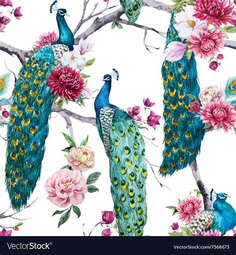 Watercolor Peacock And Flowers Pattern Royalty Free Vector