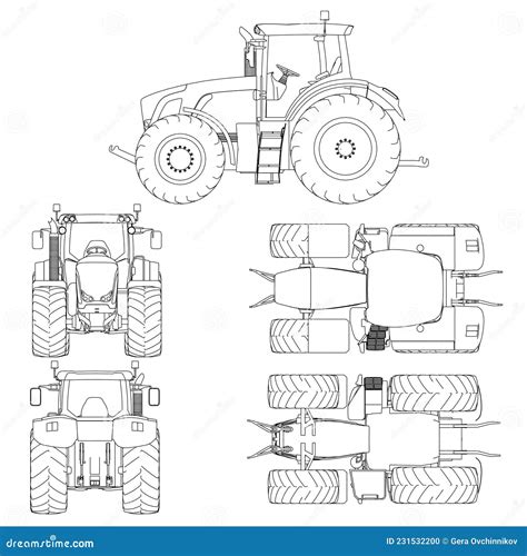 Set With The Contours Of The Tractor From Black Lines Isolated On White Background Side Front