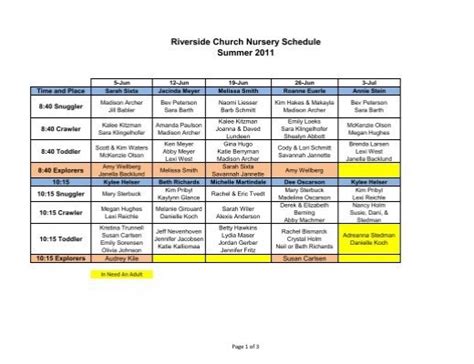 Riverside Church Nursery Schedule Summer 2011