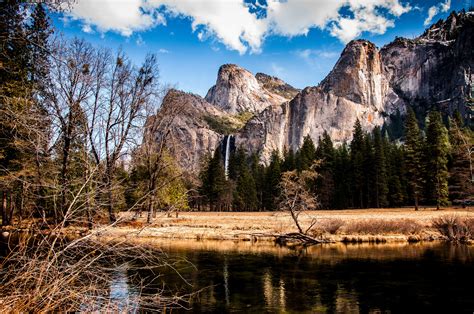 River Shore Trees Mountains Waterfalls Peaks Yosemite National