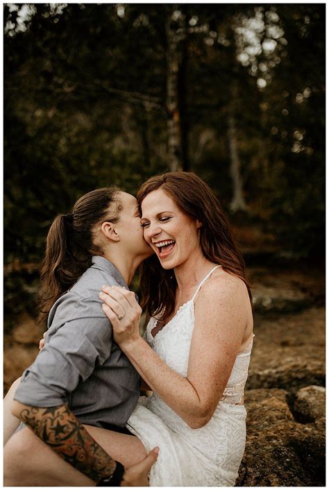 Lesbian Engagement Photo Kissing On Cliffs And Waterfall Frolics In