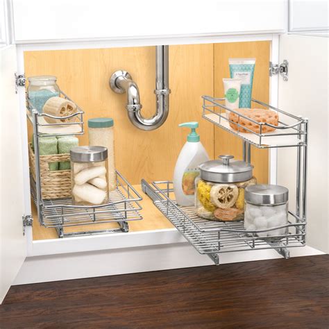 Pull out organizer rack for bakeware sliding kitchen cabinet organizers and storage rack for cutting boards baking pans cupcake pans and more 8 5 w x 21 d x 10 63 h heavy duty chrome 5 0 out of 5 stars 1. Lynk Professional Slide Out Under Sink Cabinet Organizer ...