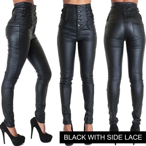 Women Black High Waist Leather Style Lace Up Skinny Trousers Size