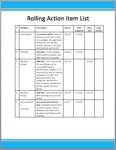Rolling Action Item List Template Action Plan Template Word Template List Template