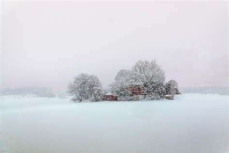 Lonely House In A Foggy Winter Landscape At Sunset Sweden Oc