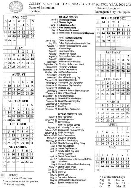 School Calendar Silliman University