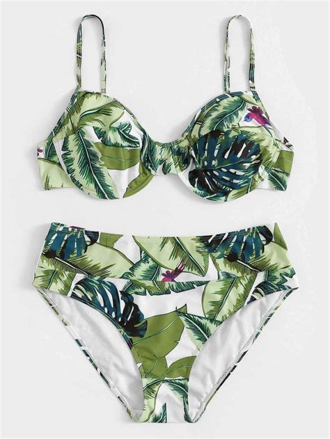 Plus Size Green Leaf Print Underwire Top Two Piece Bikini Https