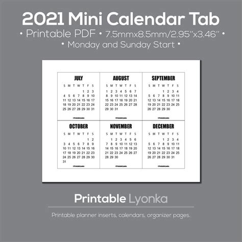 Year 2021 printable yearly and monthly calendars with holidays and observances. 2021 Mini calendar tab/Size 2.95 x 3.46inch/Printable PDF ...
