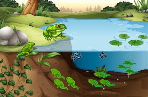 Scene Of Frogs In A Pond Premium Vector