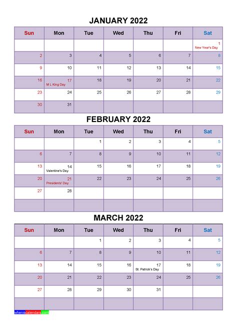 Free Printable January February March 2022 Calendar With