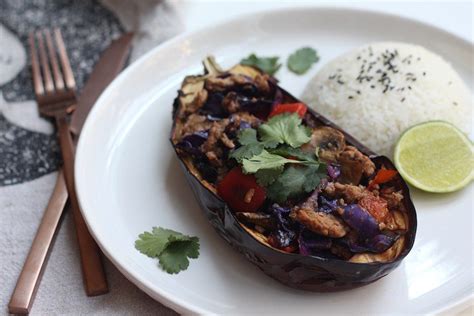 If you can't find chinese eggplant, which is long and skinny, use whatever eggplant you typically purchase. Thai Pork Stir Fry in Eggplant Boats | Recipe | Pork stir ...