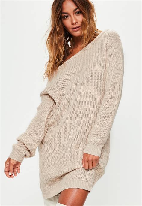 Missguided Beige Off Shoulder Knitted Jumper Dress Knitwear Women Knit Outfit Knitted