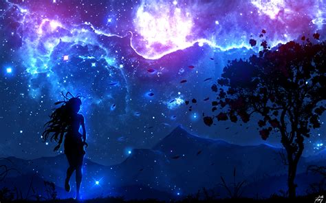 Digital Art Landscape Trees Night Anime Girls Sky Wallpapers Hd