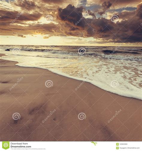 Beatiful Sunset With Clouds Over Sea And Beach Stock Image Image Of