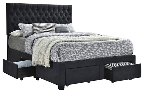 Full Size Upholstered Bed Frame 4 Drawers And Tufted Headboard Grey
