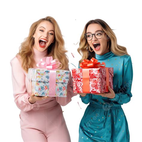 Caucasian Couple Girls Friends Is Surprising With Big Gift Boxes In Christmas And Birthday Party