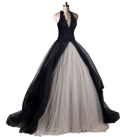 Unique Tulle Black And White Wedding Dress Lace Appliques Sequins