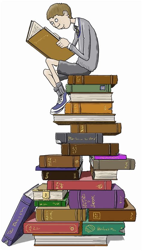 Schoolboy Reading Sitting On Top Of Tall Pile Of Books Stock Images