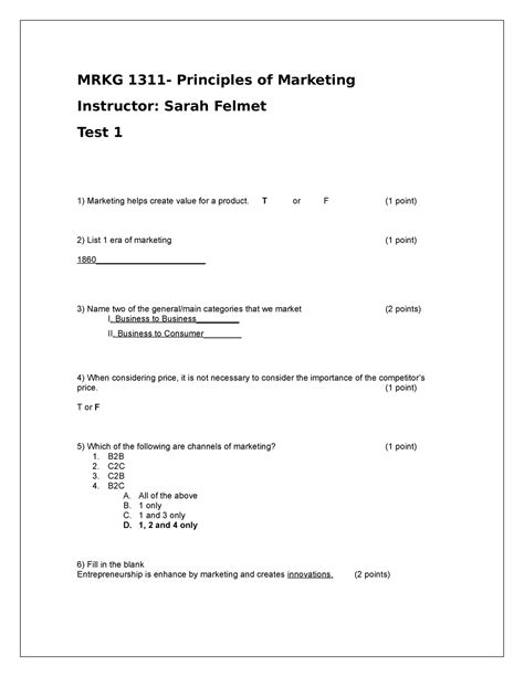 Midterm 8 Week Mrkg 1311 Principles Of Marketing Instructor Sarah