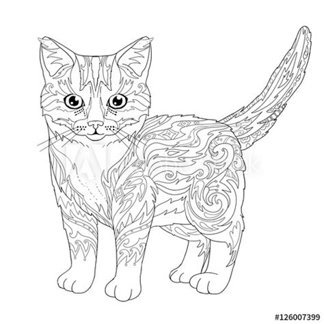 Start cat coloring pages from head, then the second to form the body, the third to form the legs, and the fourth to complete the tail. "Ethnic decorative doodle cat. Coloring book page with ...