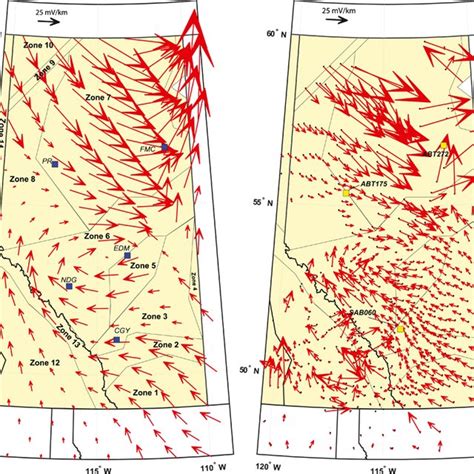 Maps Of Geoelectric Field Vectors At 0 01 Hz Calculated Using The