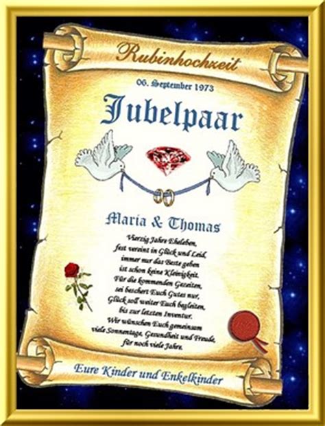 40 hochzeitstag rubinhochzeit geschenke sprüche. 40.Hochzeitstag - schöne Glückwunschkarte in Form einer Urkunde