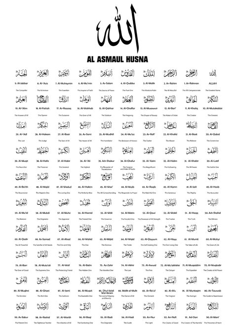 Asma Allah Al Husna Arabic English And Transliteration A Etsy