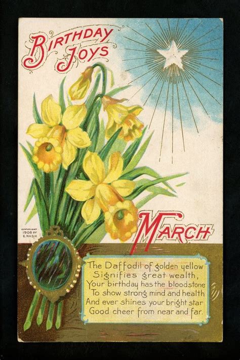 Birthday Month Postcard Flower Birthstone March Bloodstone Daffodil