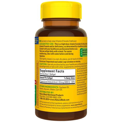 Nature Made Extra Strength Vitamin D3 5000 Iu 125 Mcg 100 Softgels