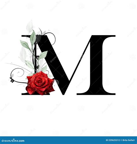 Letra M De Monograma Floral Adornada Con Hojas De Rosa Y Acuarela Rojas Stock de ilustración