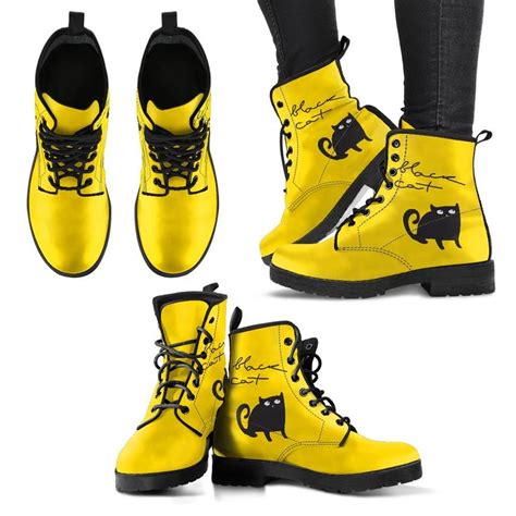 Yellow Black Cat Handcrafted Boots Leather Boots Women Black Leather