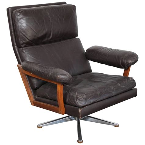 Danish Mid Century Brown Leather Swivel Lounge Chair At 1stdibs