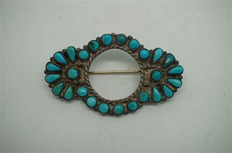 5 Vintage Silver And Turquoise Pins Brooches Rhinestone Zuni Southwestern