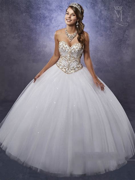 White Quinceanera Dresses 2017 Marys With Gold Beads Embellished