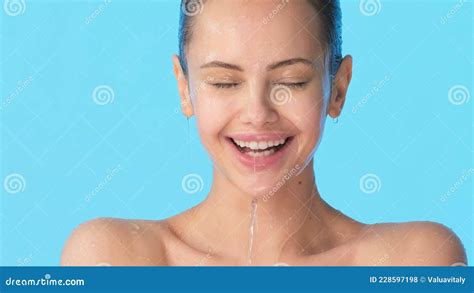 Female Face With Water On It Young Cheerful Girl With Water Running
