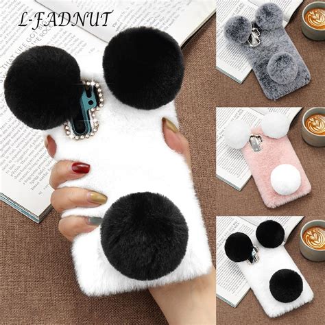 l fadnut luxury 3d panda ears cute plush fur fluffy phone case for huawei mate 20 lite p20 p30