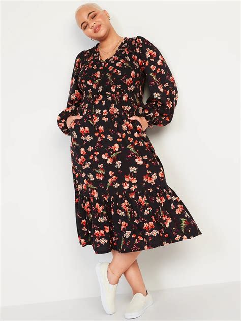 A Splash Of Floral Old Navy Long Sleeve Fit And Flare Smocked Midi Dress