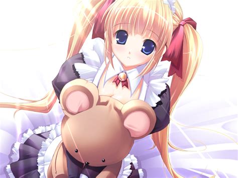 Blue Eyes Blush Bow Breasts Cleavage Headdress Long Hair Maid Mikeou Original Ribbons Teddy Bear