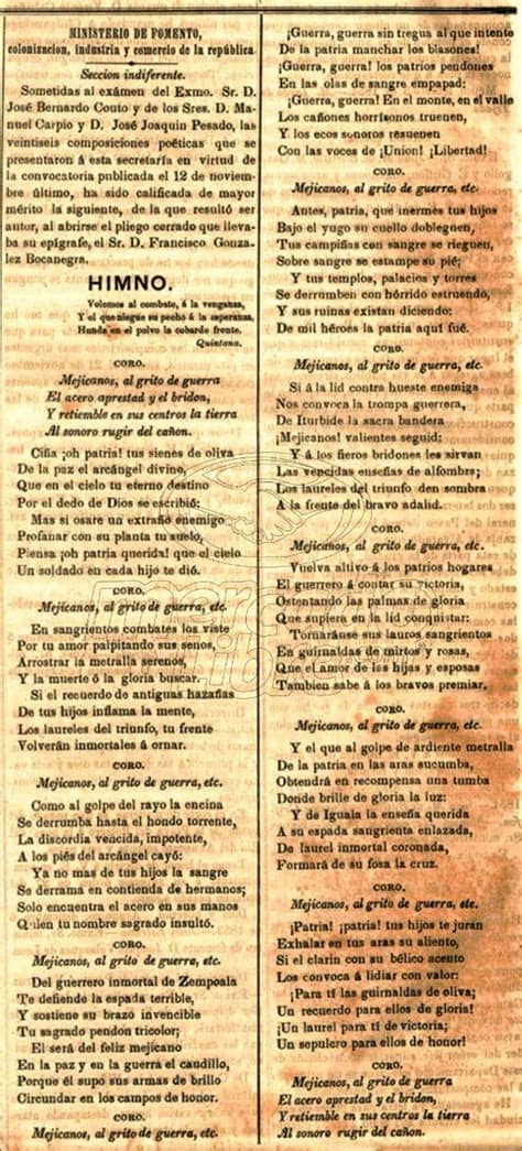 8 versos, 9 diptongos, 8 sinalefas, dos rimas. Lienzo Tela Canvas Letra Himno Nacional Mexicano 1854 ...