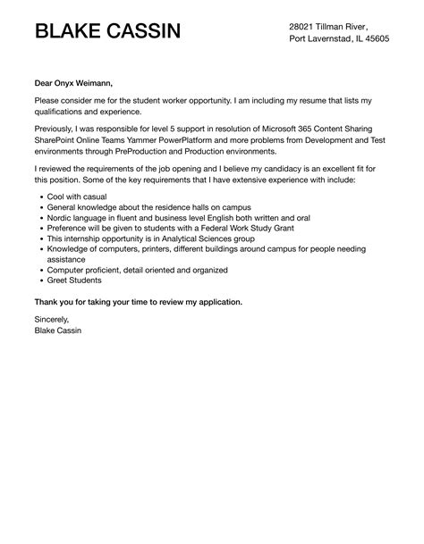 Student Worker Cover Letter Velvet Jobs