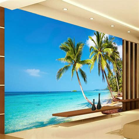 Custom 3d Photo Wallpaper Murals Sunshine Sea Water Beach Coconut Tree Wall Mural Wallpaper