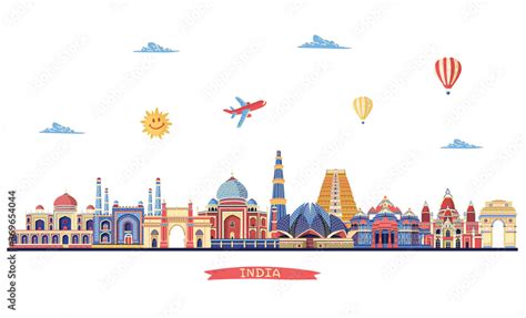 India Detailed Skyline India Famous Monuments Vector Illustration