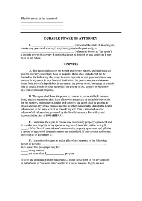 Fillable Durable Power Of Attorney Form State Of Washington Printable