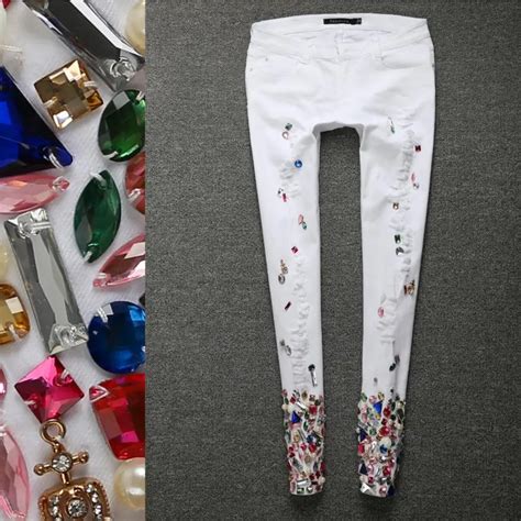 2018 Fashion New Women Diamond Beaded Denim Jeans Pencil Slim Skinny