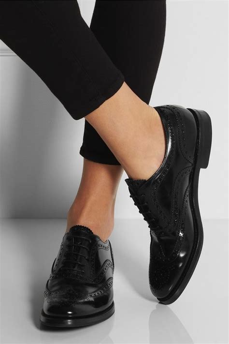 Louise Paris Churchs Black Polished Leather Oxford Brogue Flat Shoes