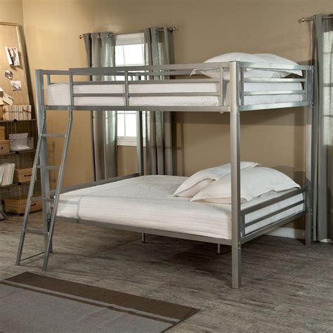 Full Over Full Size Bunk Bed With Ladder In Silver Metal Finish Bunk