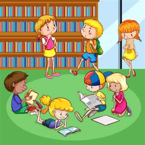 Escena Con Muchos Niños Leyendo Libros En La Habitación Vector Gratis