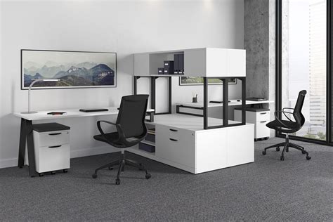 Black White Two Person Desk With Hutch And Storage Elements By